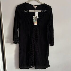 Rise & Bloom Beach Vacation Black Tunic with Crochet Trim swimsuit cover up